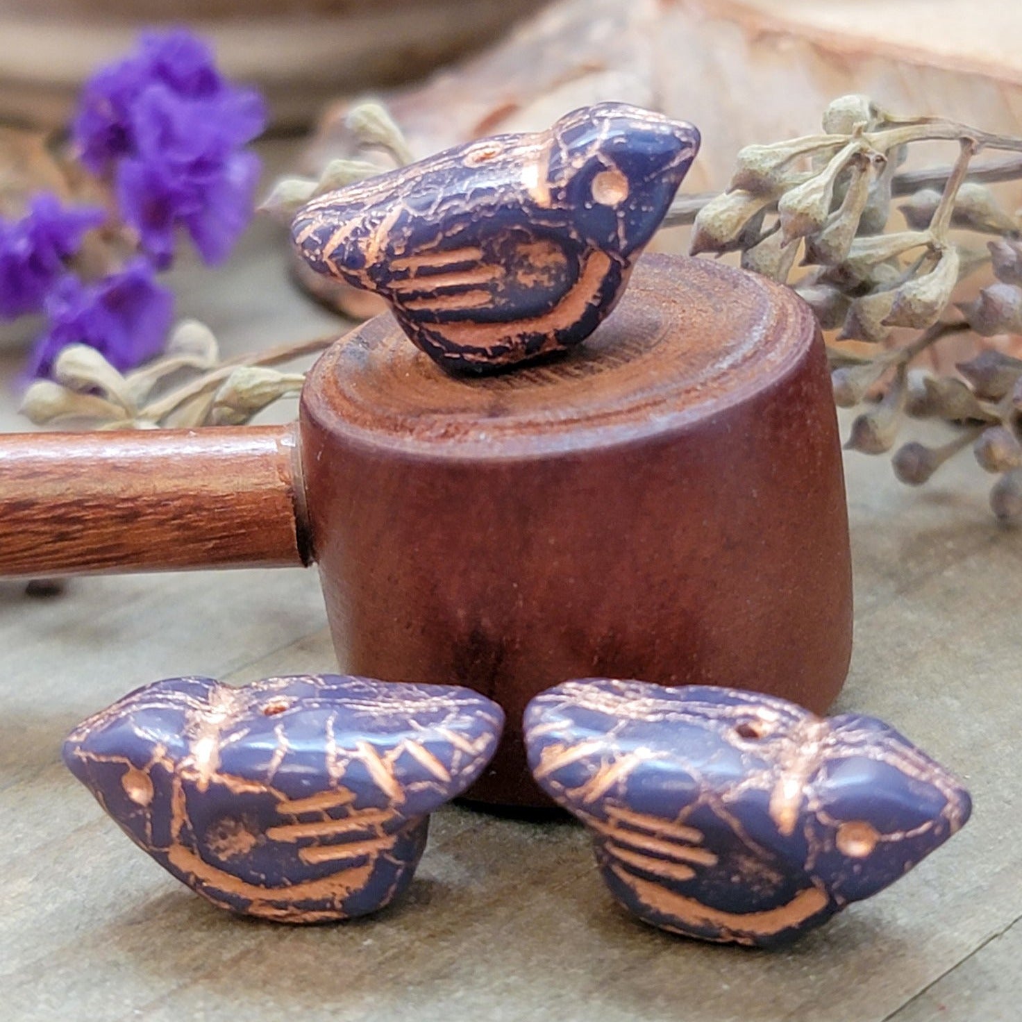 Premium Czech Glass Birds -Indigo with a Copper Wash - 6 Beads - Nicki Lynn Jewelry