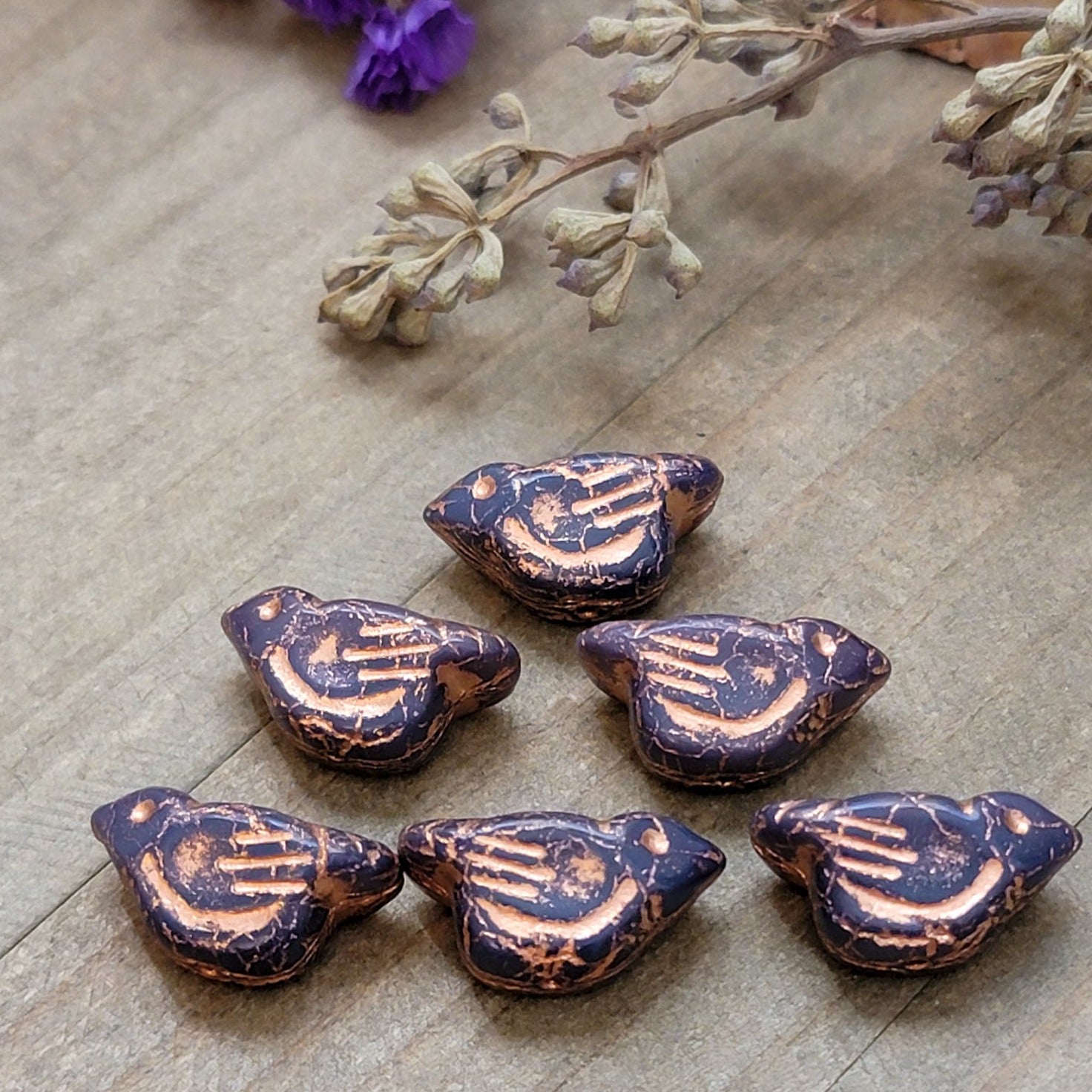 Premium Czech Glass Birds -Indigo with a Copper Wash - 6 Beads - Nicki Lynn Jewelry