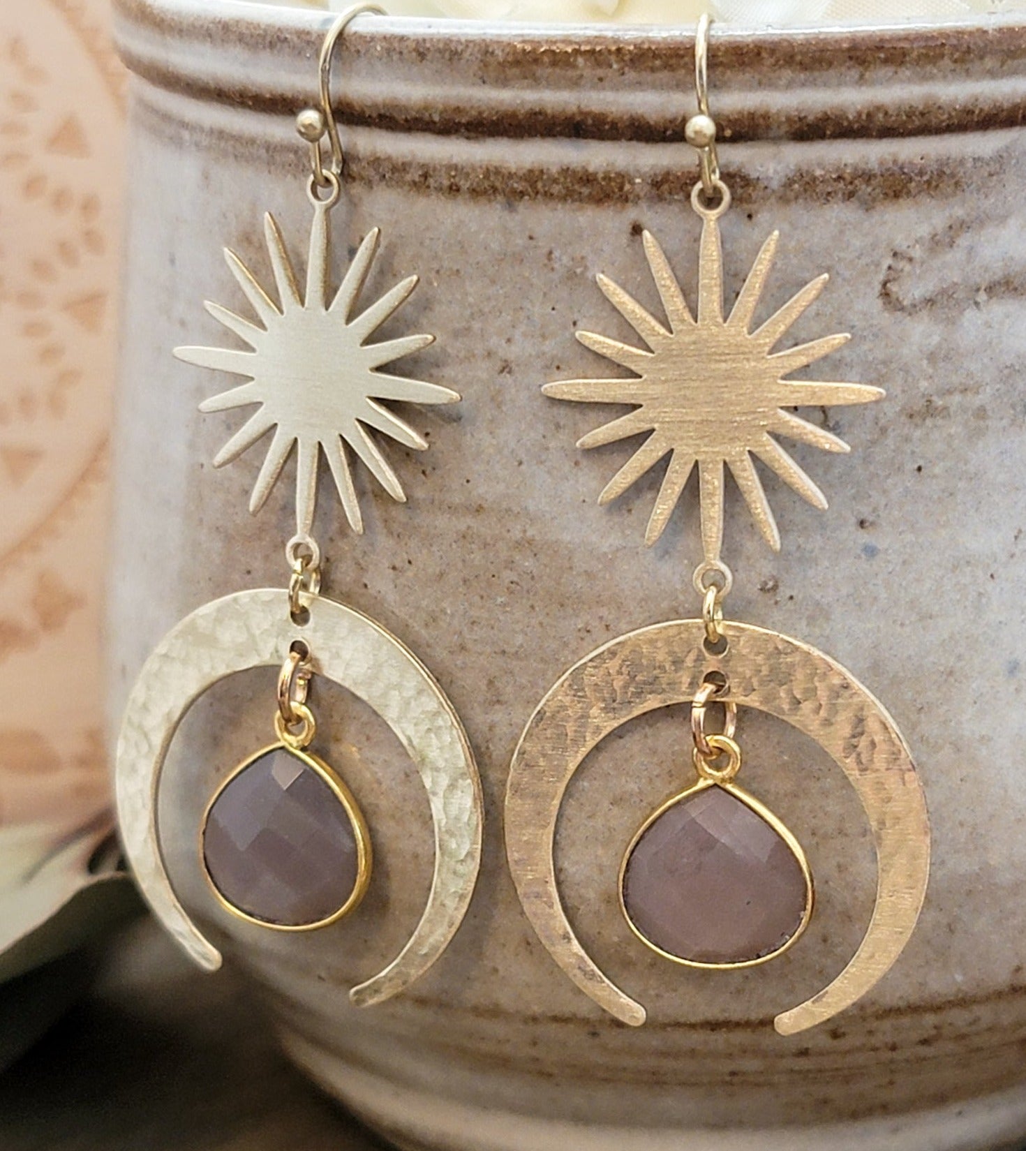 Hammered Brass and Moonstone Dangle Earrings - Nicki Lynn Jewelry