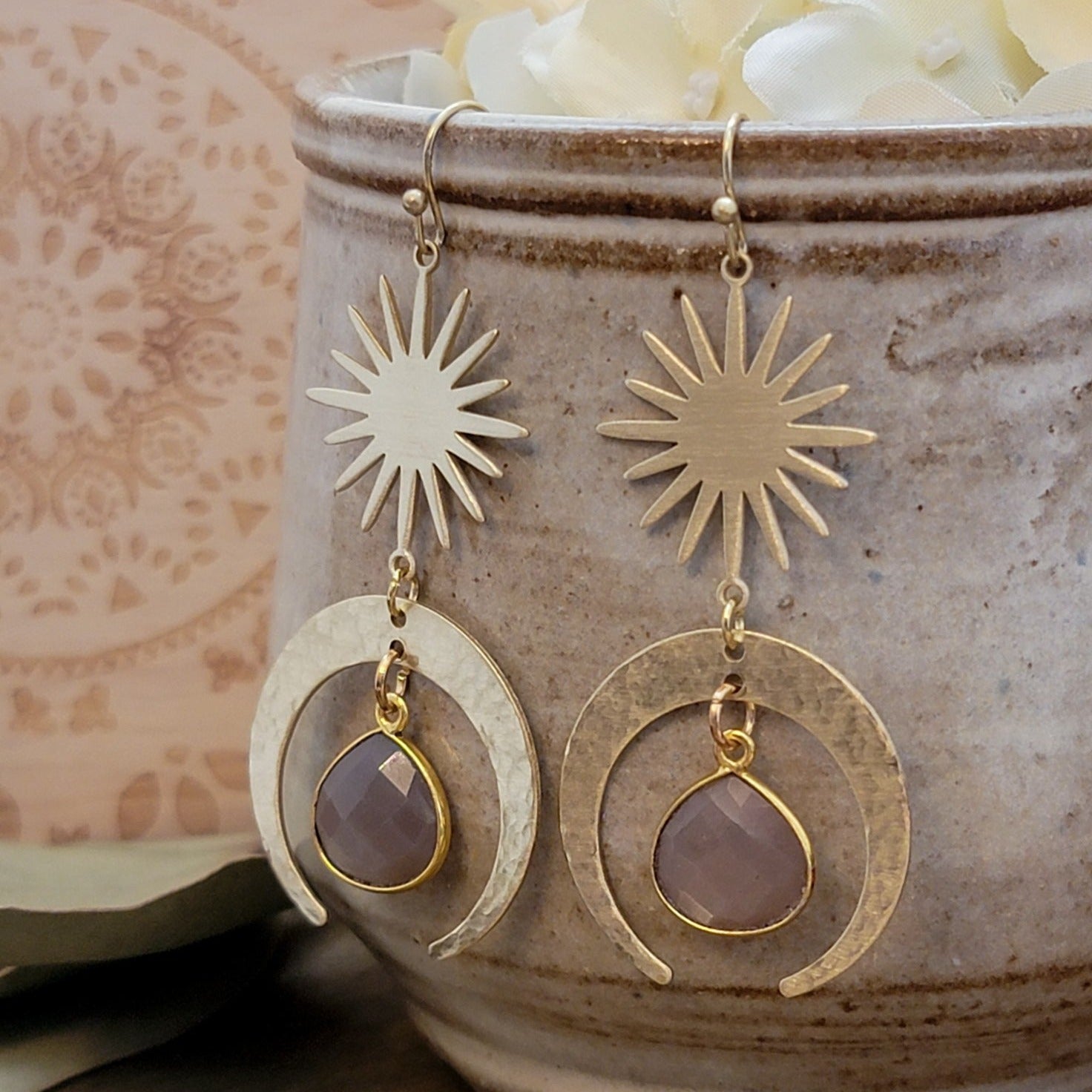 Hammered Brass and Moonstone Dangle Earrings - Nicki Lynn Jewelry