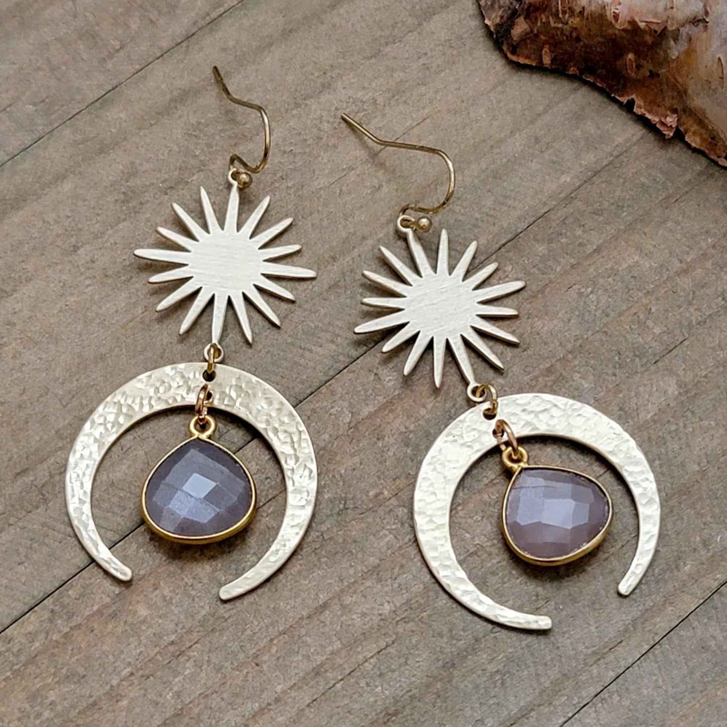 Hammered Brass and Moonstone Dangle Earrings - Nicki Lynn Jewelry