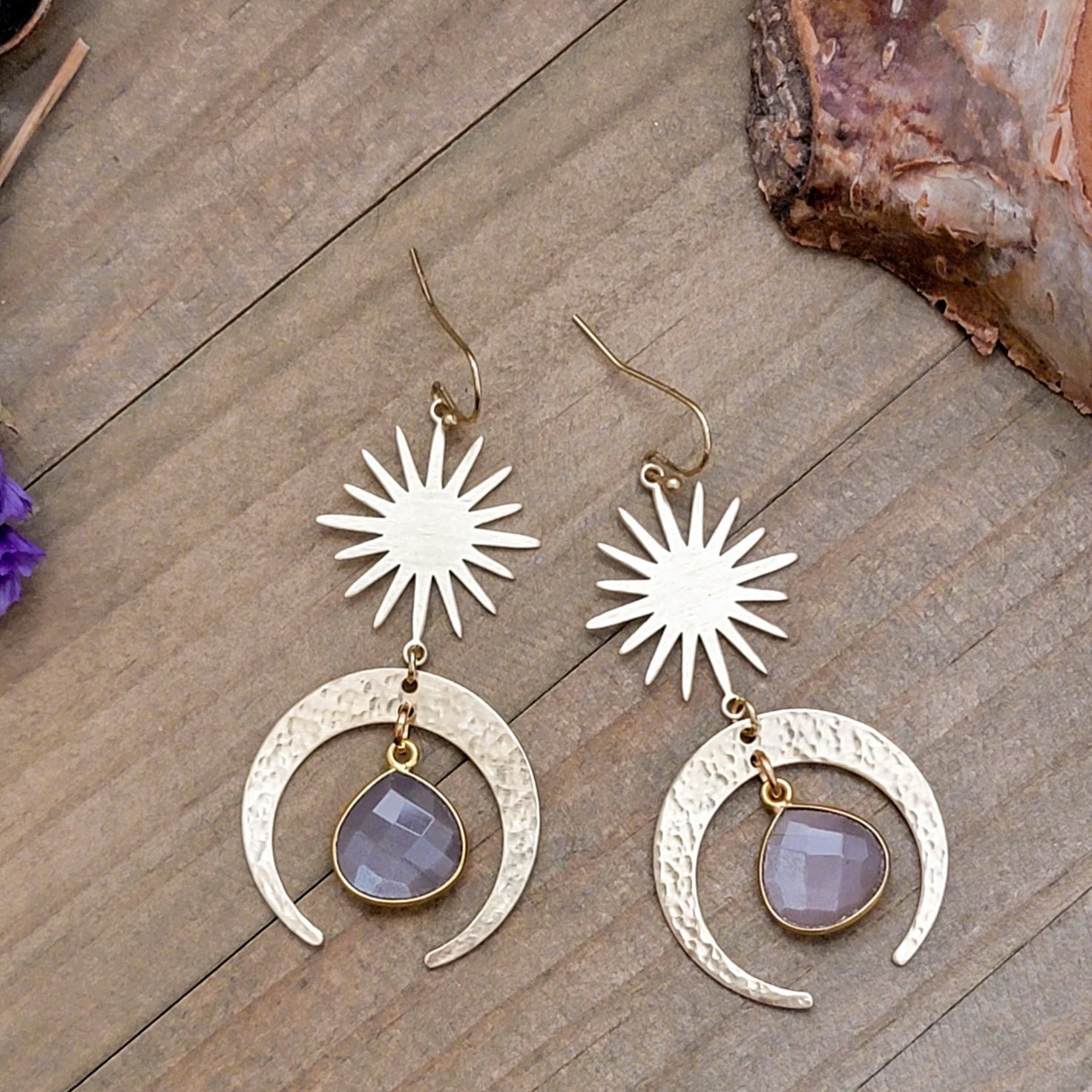 Hammered Brass and Moonstone Dangle Earrings - Nicki Lynn Jewelry