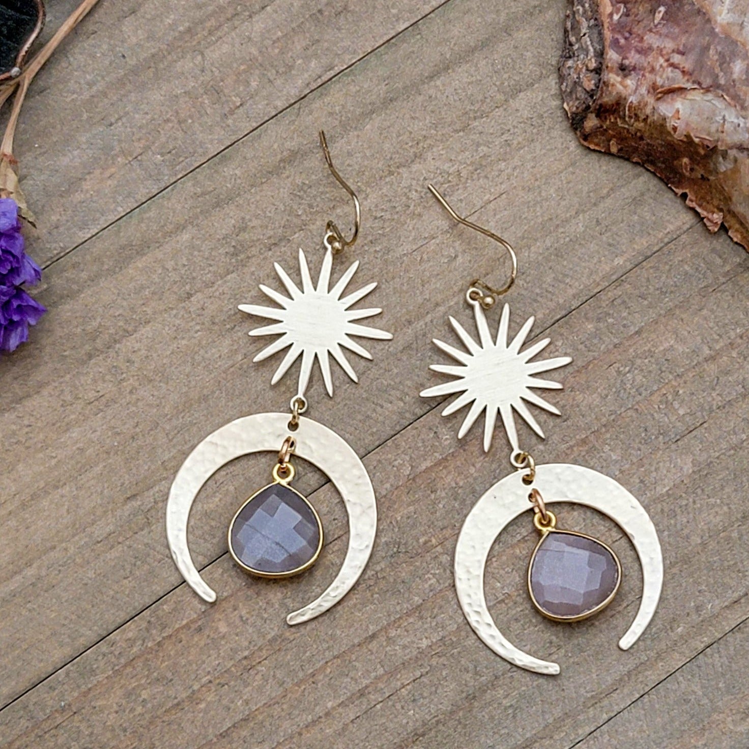Hammered Brass and Moonstone Dangle Earrings - Nicki Lynn Jewelry