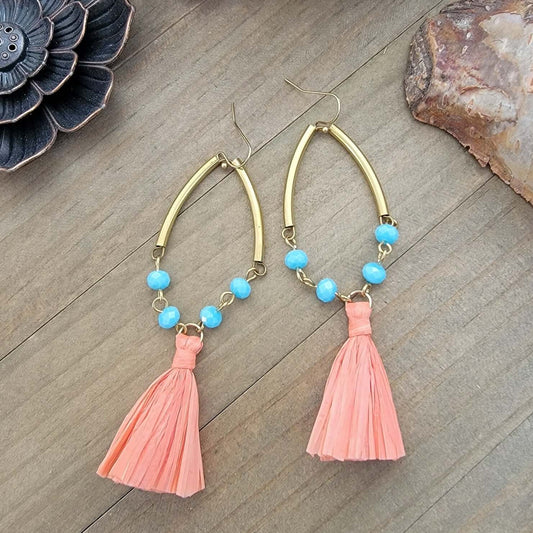 Long Raffia Tassel Beaded Earrings - Nicki Lynn Jewelry