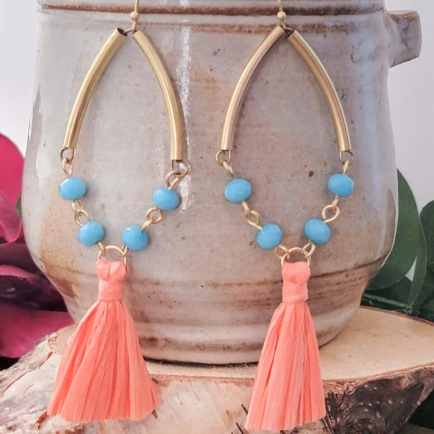 Long Raffia Tassel Beaded Earrings - Nicki Lynn Jewelry