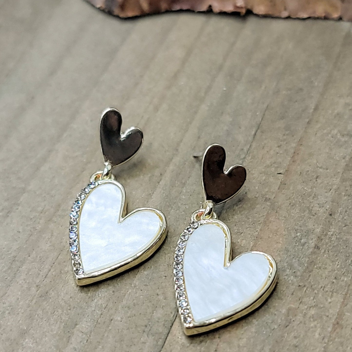 White Heart With Rhinestones Post Earrings, Nicki Lynn Jewelry 
