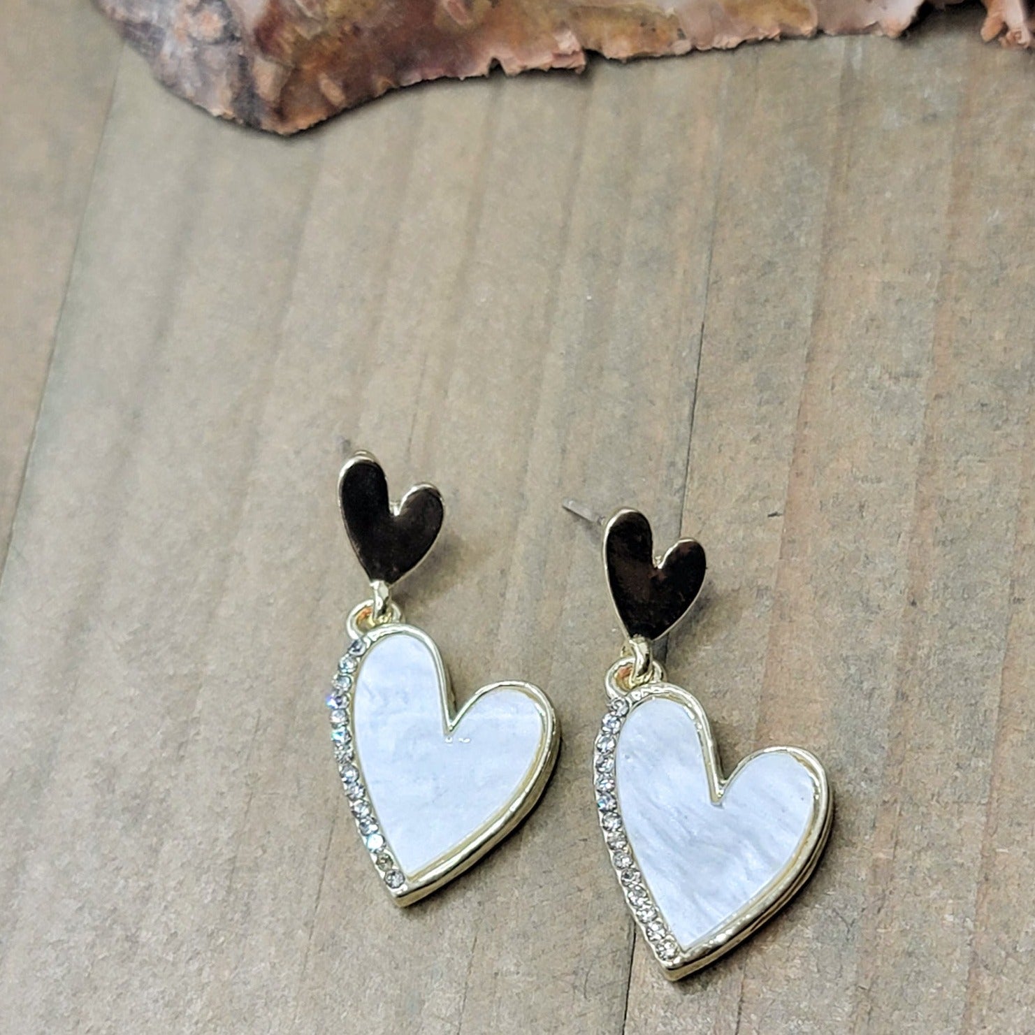 White and Black Heart Rhinestones Post Earrings