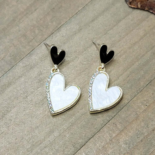 White Heart With Rhinestones Post Earrings, Nicki Lynn Jewelry 