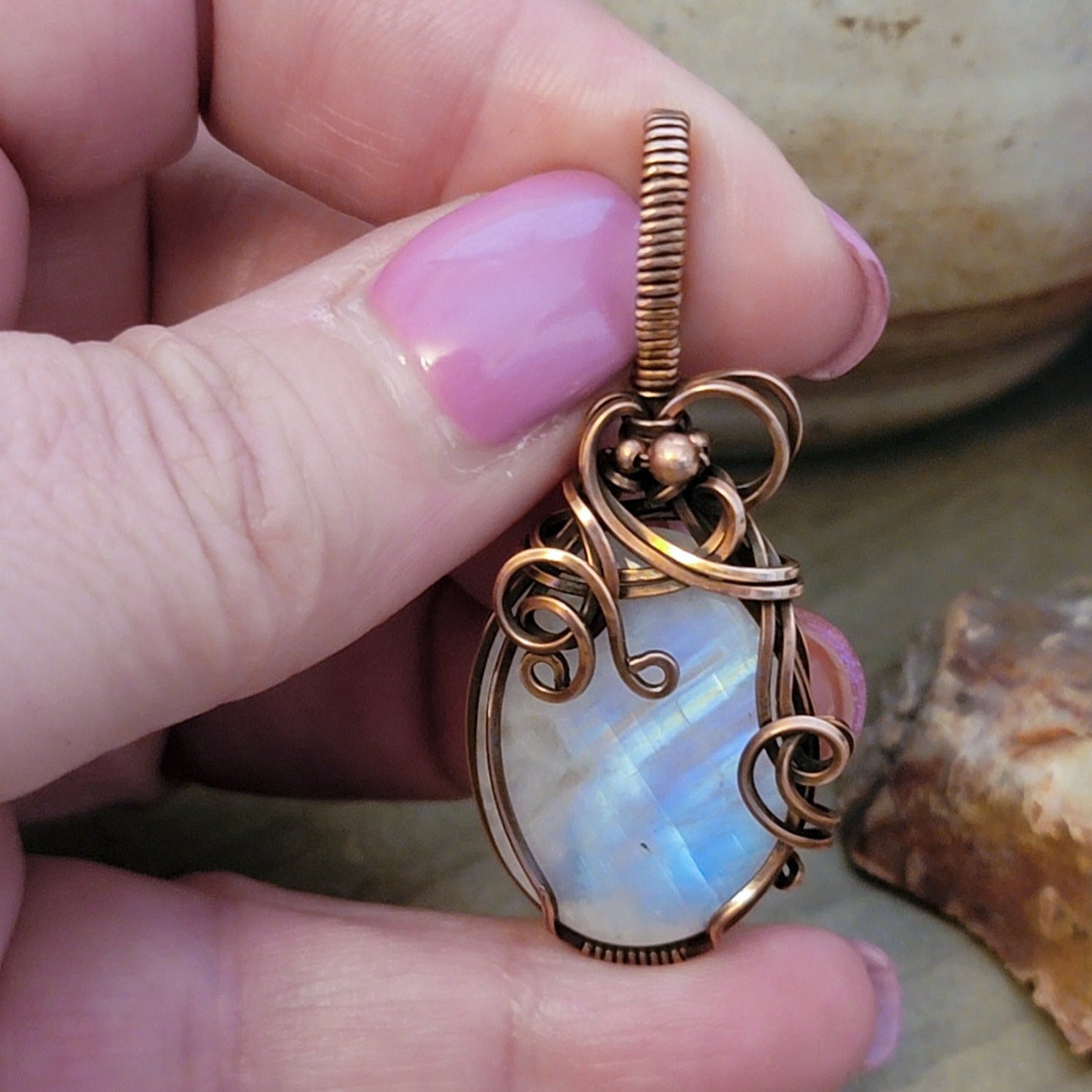 Copper Wire Wrapped Moonstone Pendant, Nicki Lynn Jewelry 