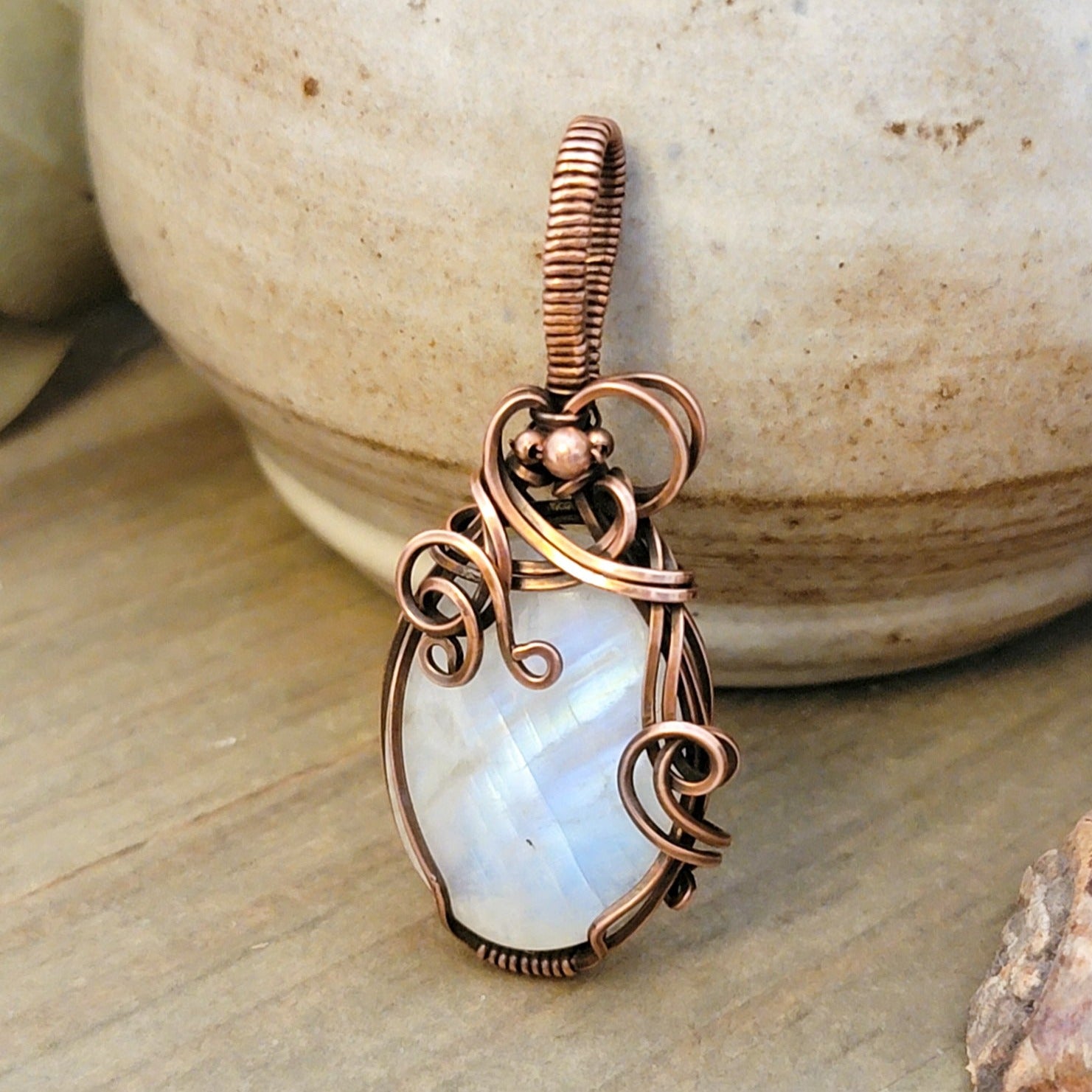 Copper Wire Wrapped Moonstone Pendant, Nicki Lynn Jewelry 