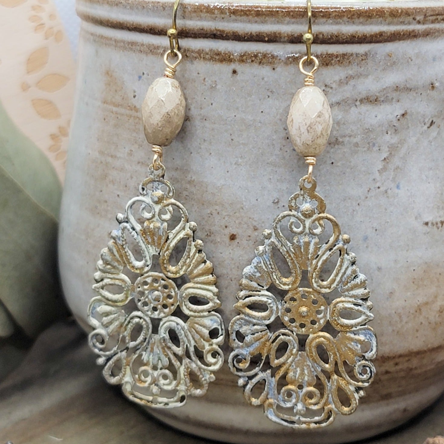 White Patina Filigree Teardrop Earrings, Nicki Lynn Jewelry 