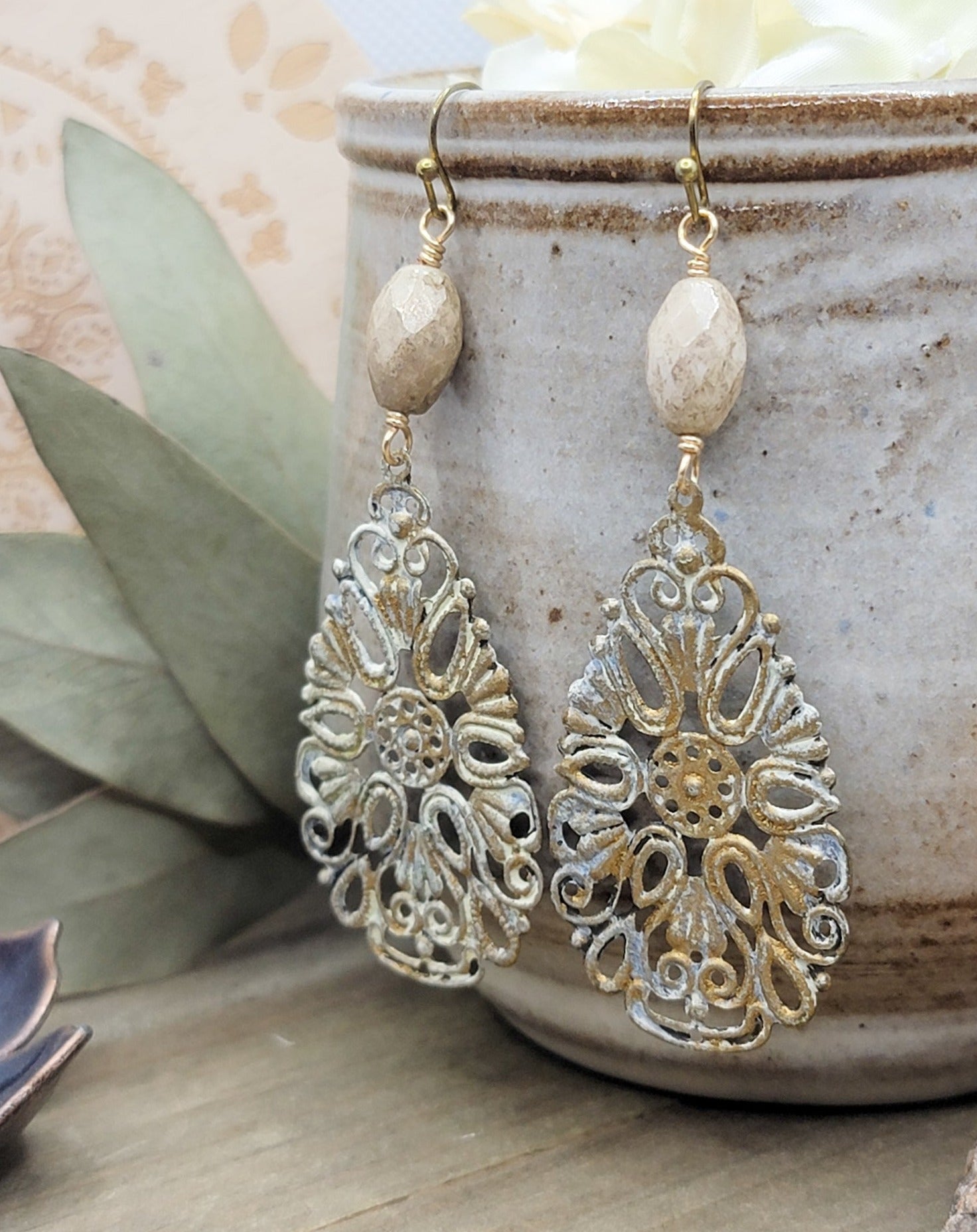 White Patina Filigree Teardrop Earrings, Nicki Lynn Jewelry 
