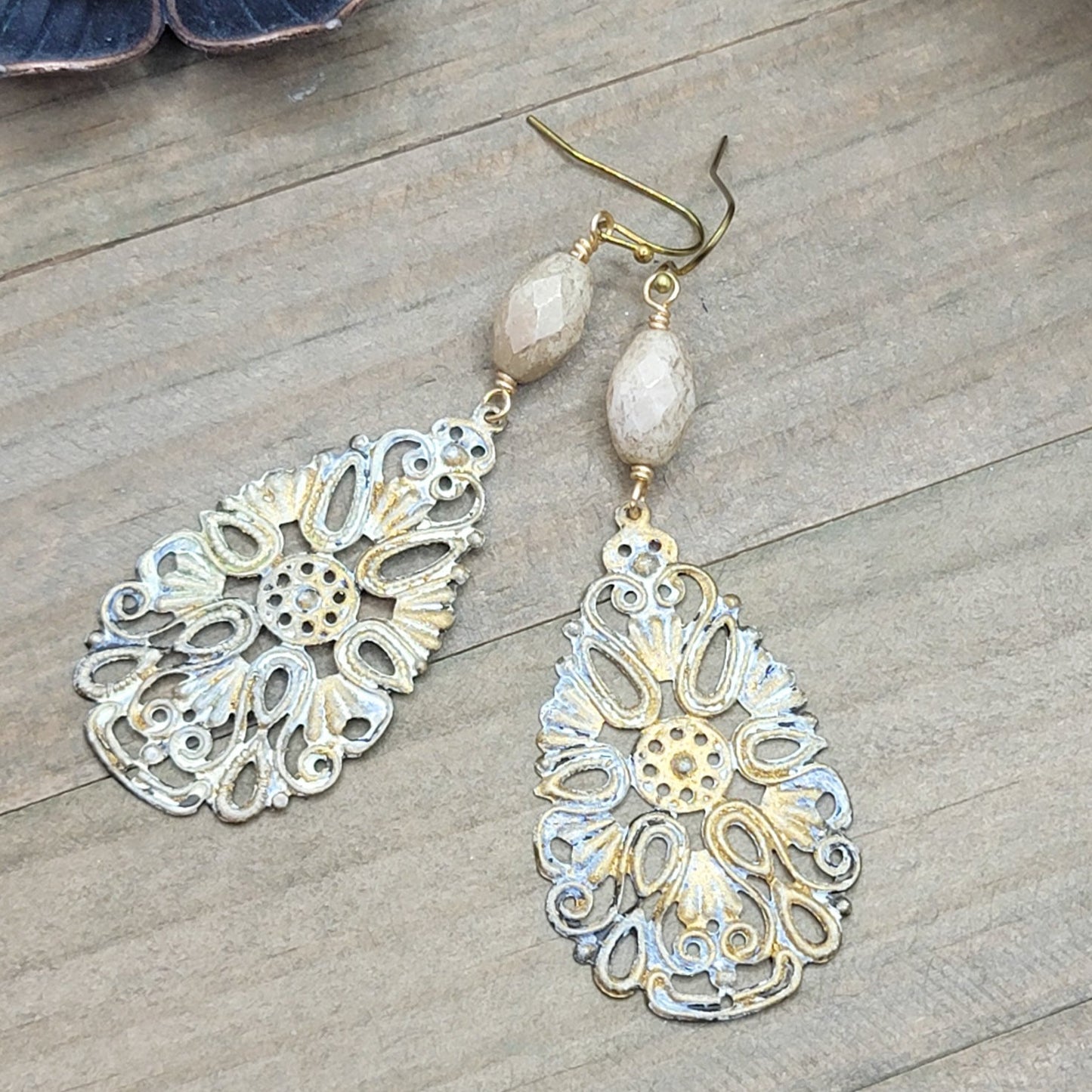 White Patina Filigree Teardrop Earrings, Nicki Lynn Jewelry 