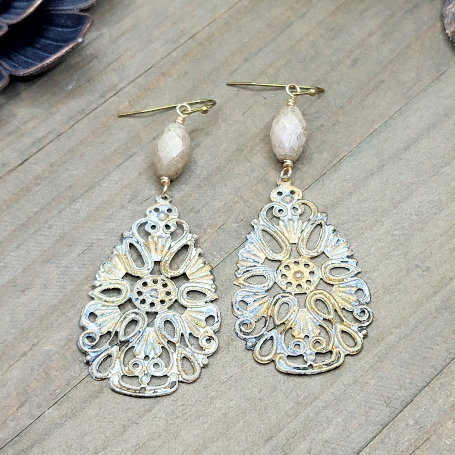 White Patina Filigree Teardrop Earrings, Nicki Lynn Jewelry 