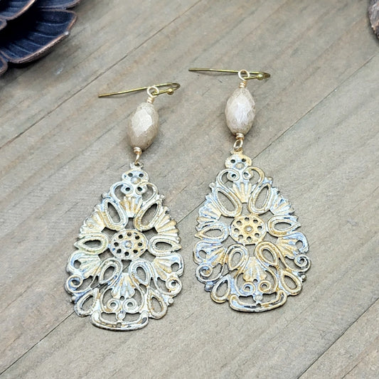 White Patina Filigree Teardrop Earrings, Nicki Lynn Jewelry 