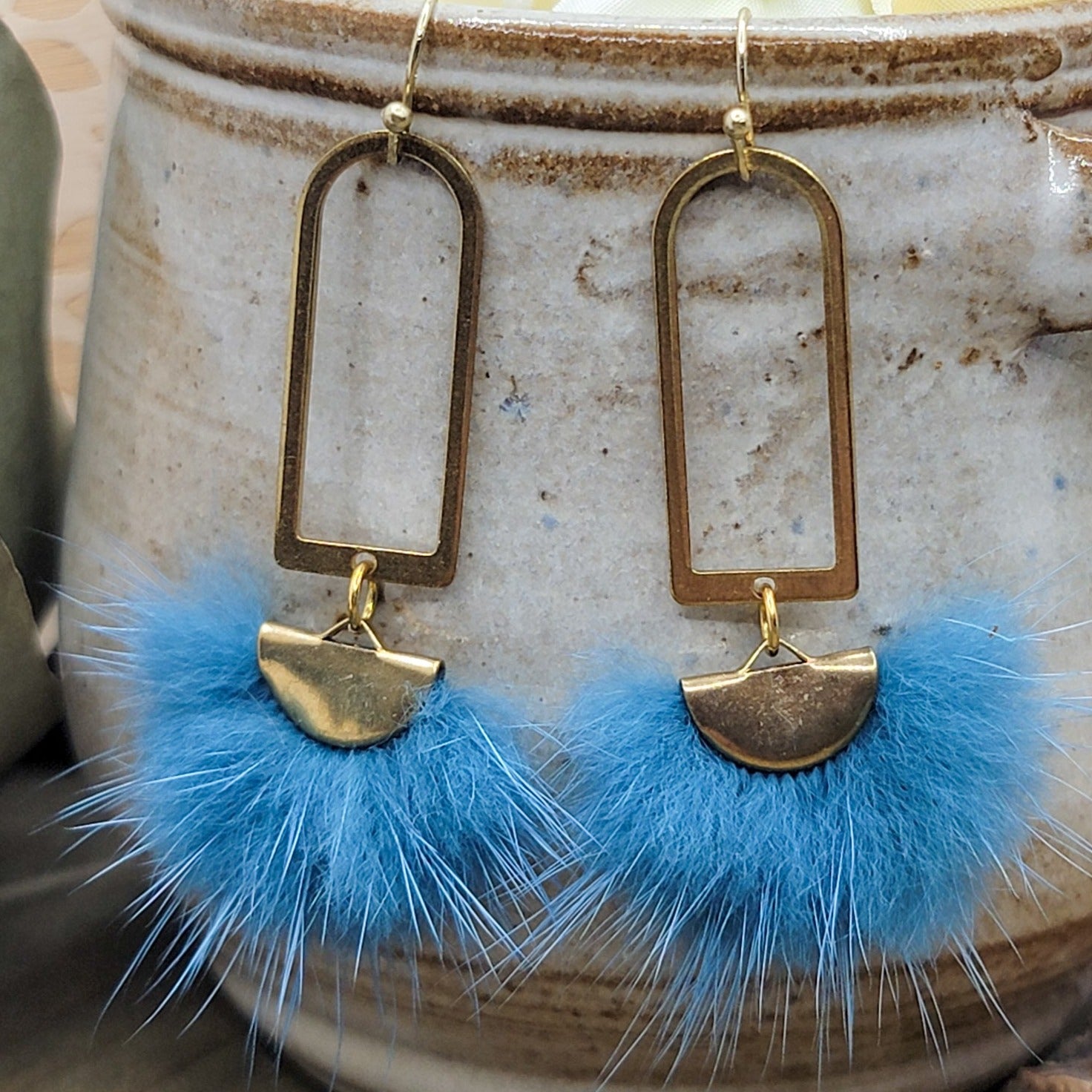 Lagoon Blue Faux Fur Dangle Earrings, Nicki Lynn Jewelry 