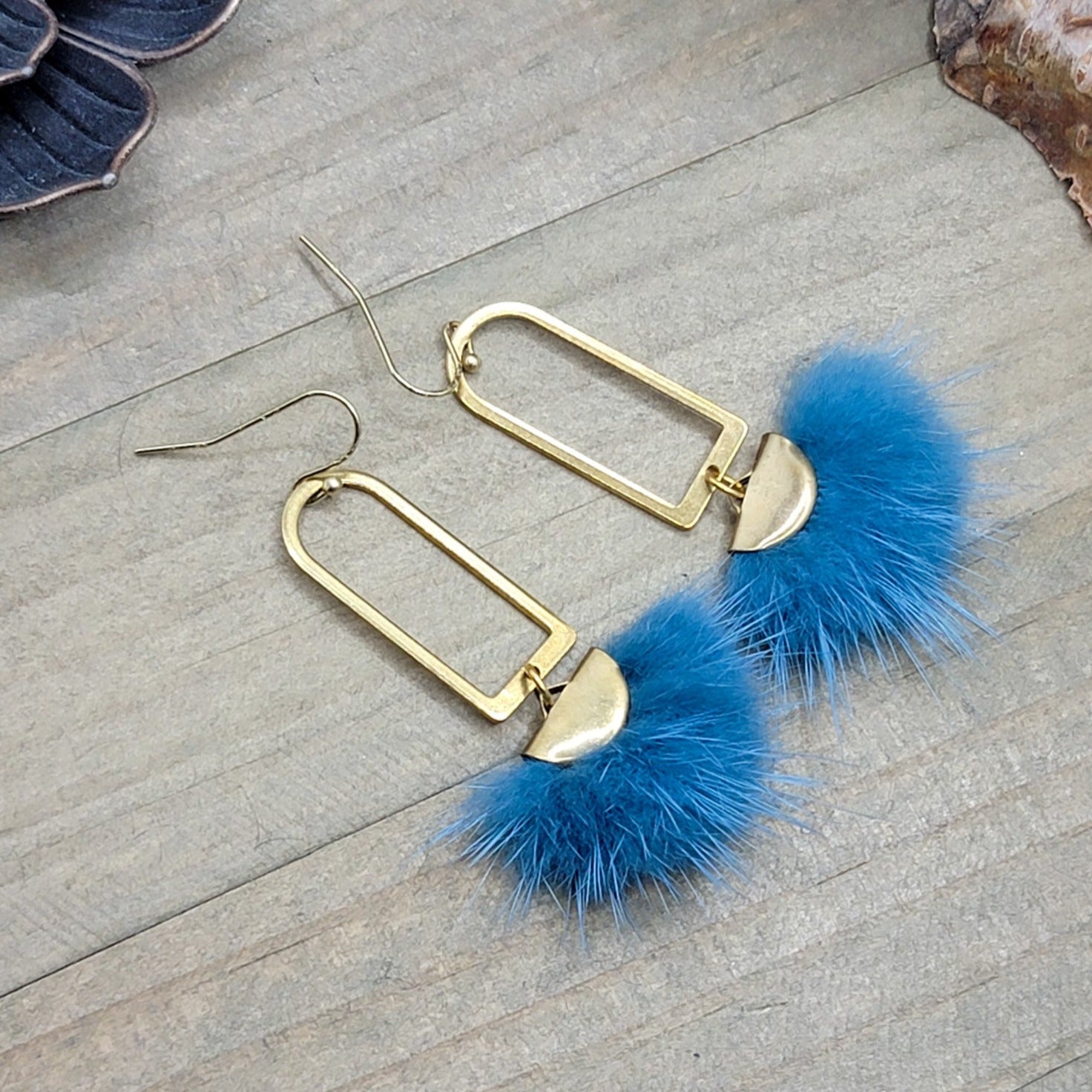 Lagoon Blue Faux Fur Dangle Earrings, Nicki Lynn Jewelry 