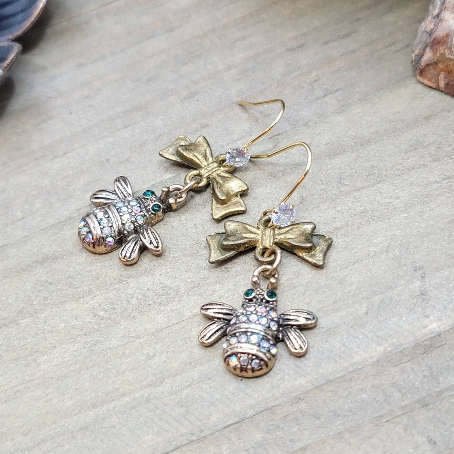 Rhinestone Bees and Bows Drop Earrings, Nicki Lynn Jewelry