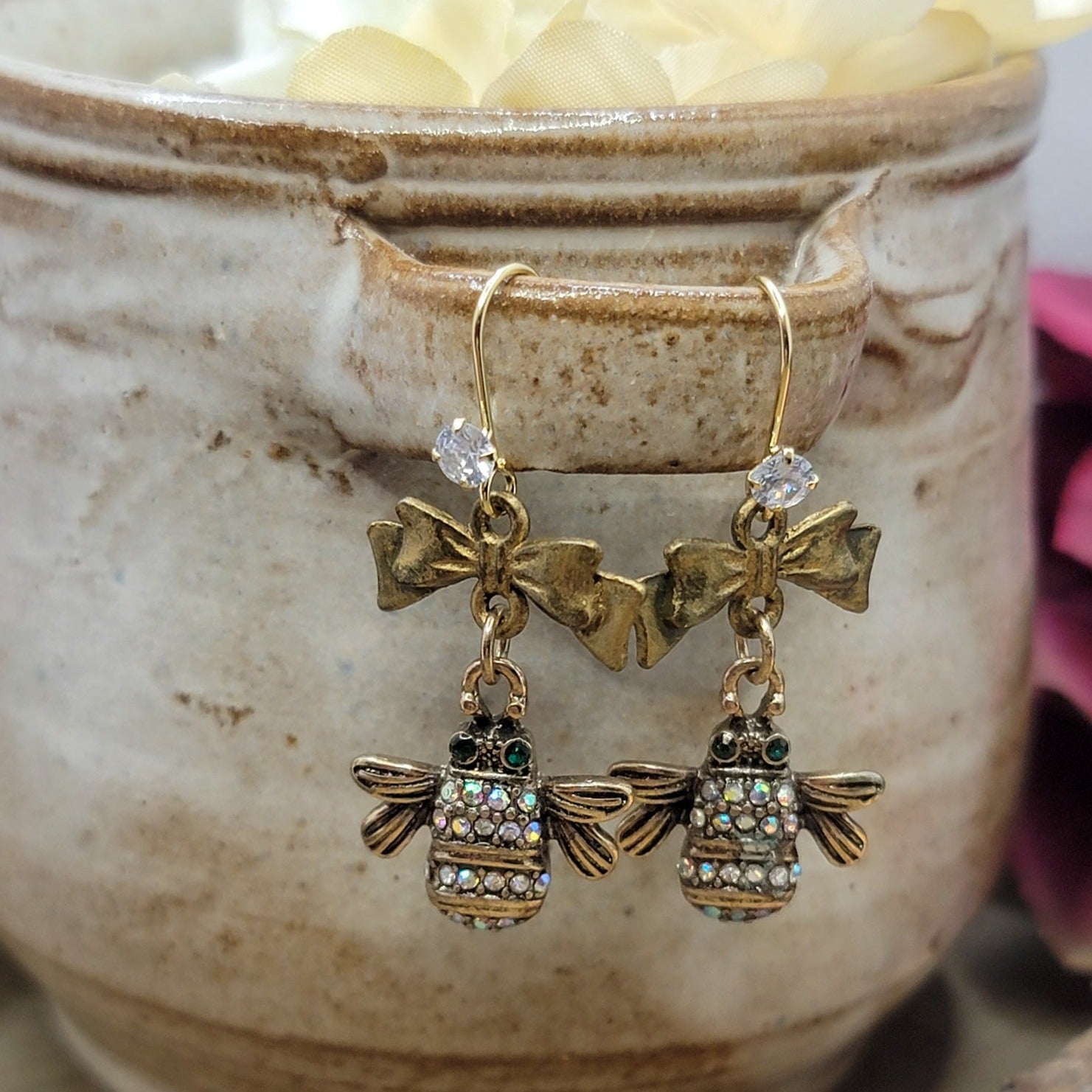 Rhinestone Bees and Bows Drop Earrings, Nicki Lynn Jewelry