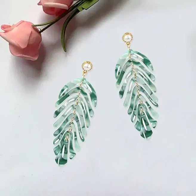 Long Emerald Acrylic Leaf Earrings - Nicki Lynn Jewelry