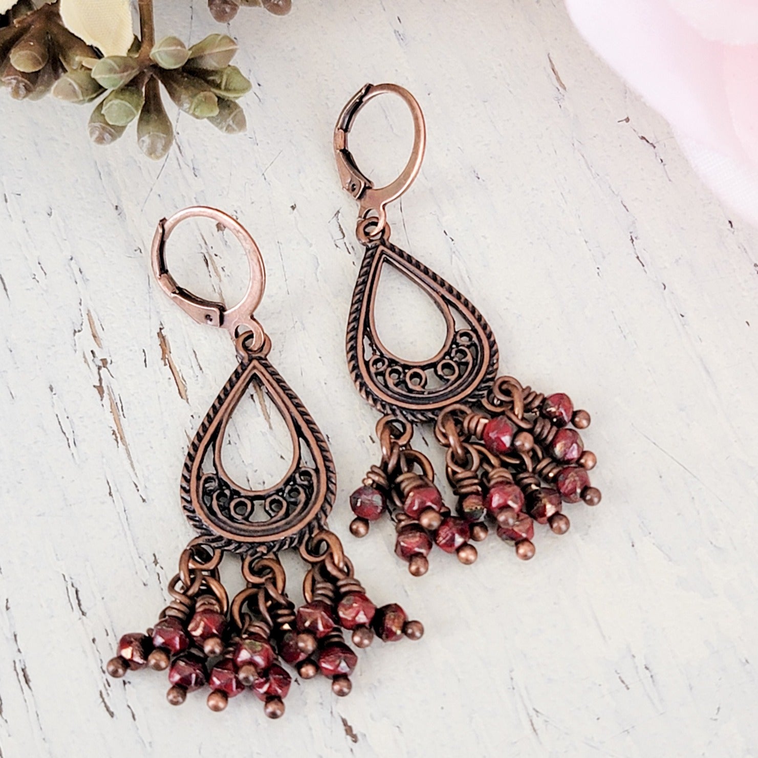 Czech Glass, Copper Metal Drop Earrings. - Nicki Lynn Jewelry