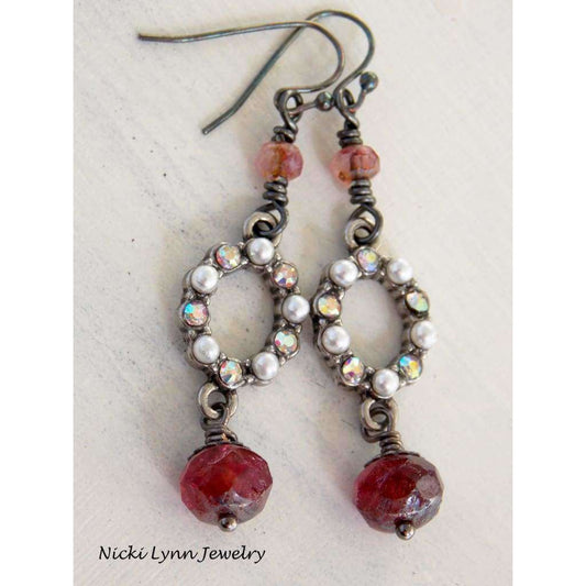Burgundy Czech Bead and Crystal Pearl Earrings - Nicki Lynn Jewelry