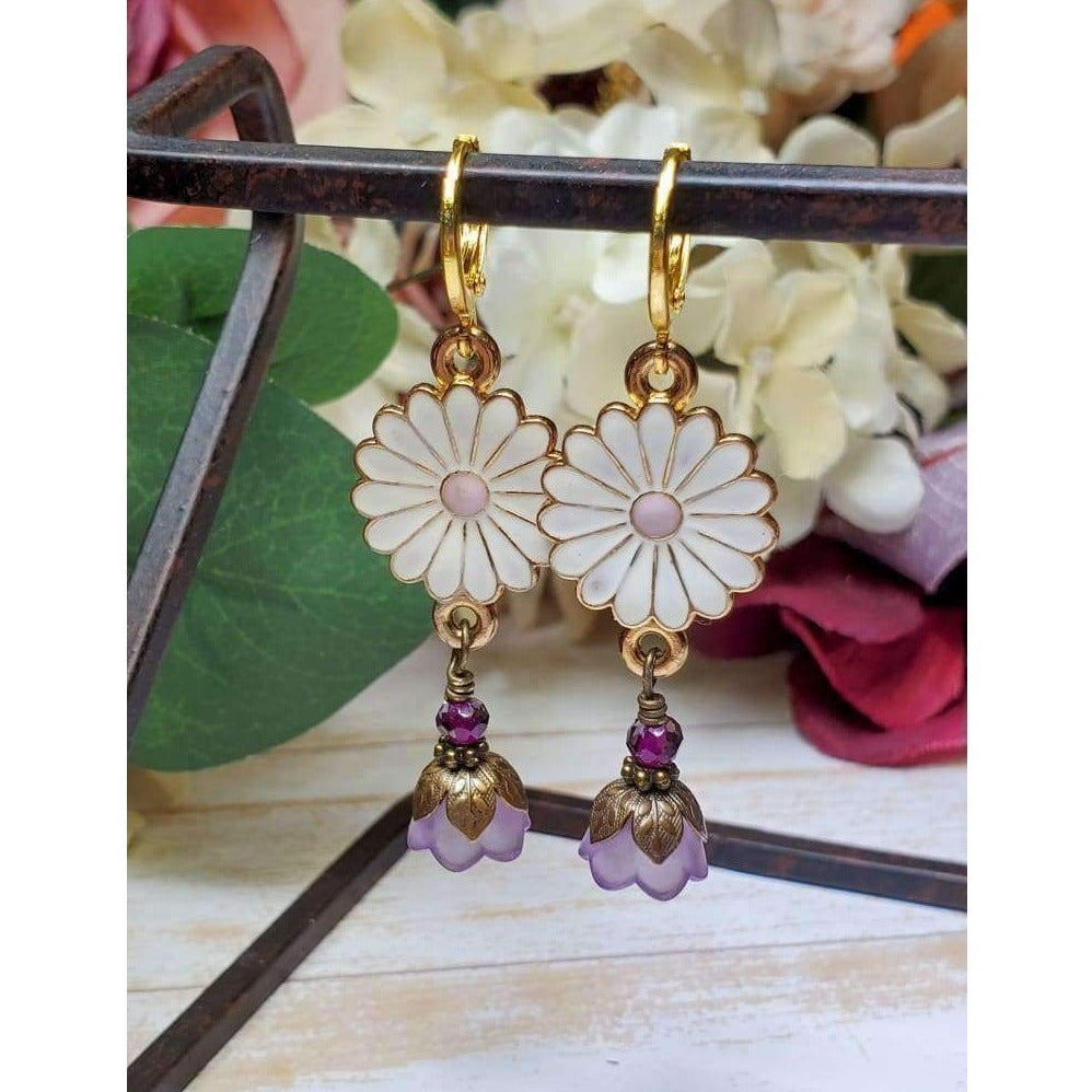 Enameled Daisy And Purple Flower Earrings - Nicki Lynn Jewelry