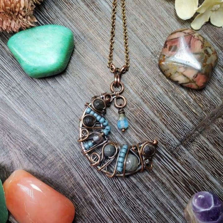 Crescent Moon Wire Wrapped Copper Necklace-Blues - Nicki Lynn Jewelry