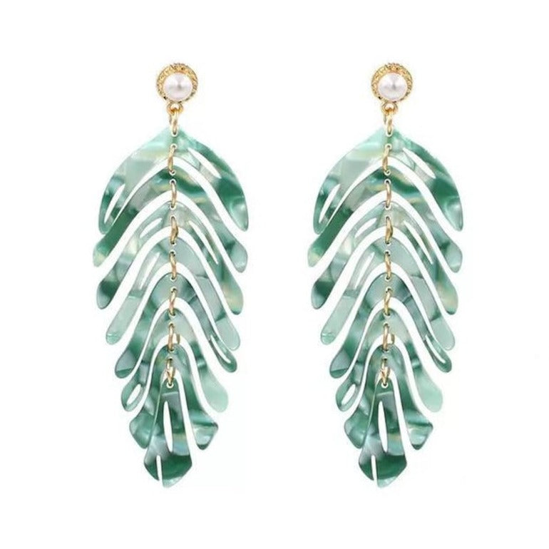 Long Emerald Acrylic Leaf Earrings - Nicki Lynn Jewelry