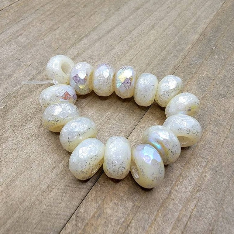 Premium Czech Glass Large Hole Roller Beads 8x12mm Opal Mercury Finish - 6 Beads - Nicki Lynn Jewelry
