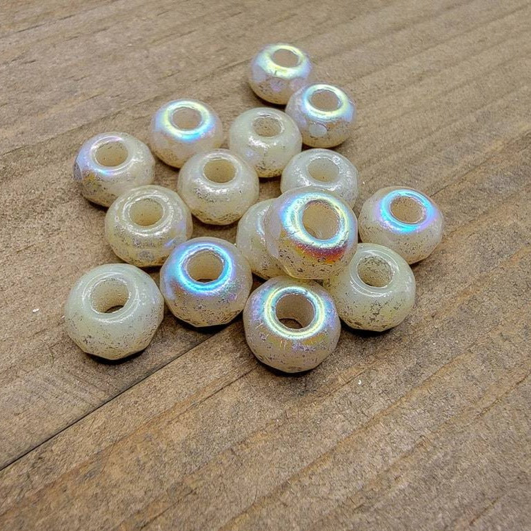 Premium Czech Glass Large Hole Roller Beads 8x12mm Opal Mercury Finish - 6 Beads - Nicki Lynn Jewelry