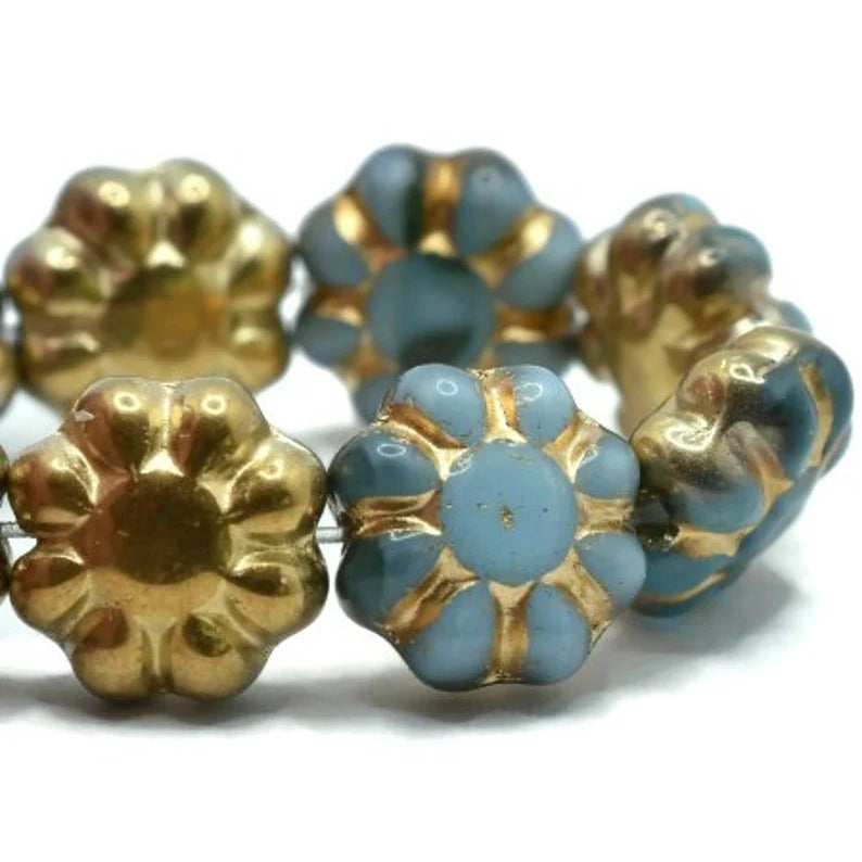 9mm Cactus Flower Sky Blue with a Gold Finish and Gold Wash-25 Beads - Nicki Lynn Jewelry