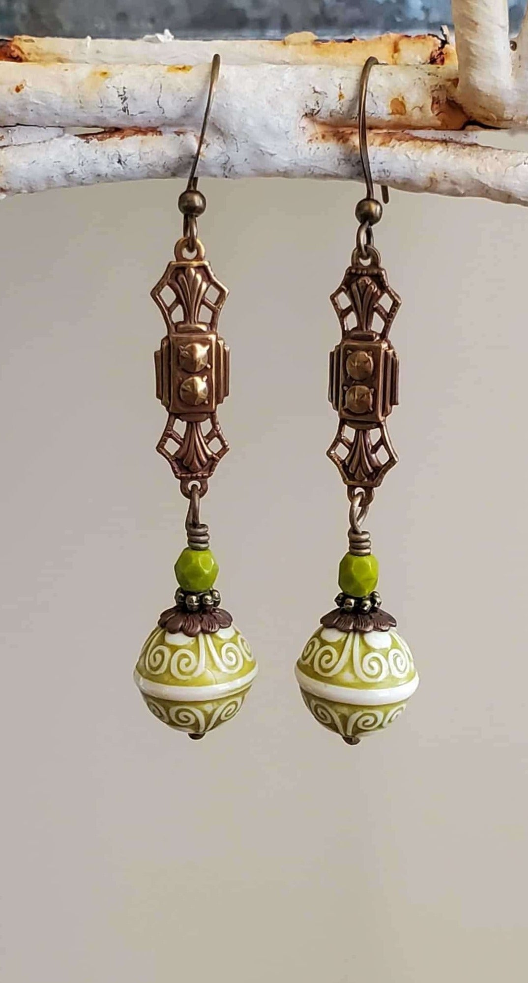 Long Victorian Style Green Drop Earrings Nicki Lynn Jewelry