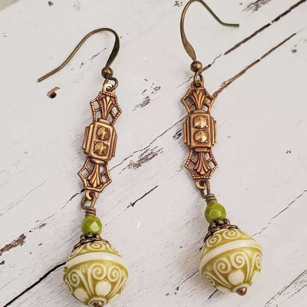 Long Victorian Green Drop Earrings - Nicki Lynn Jewelry