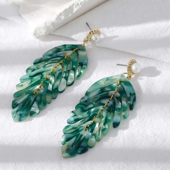 Long Emerald Resin Feather Earrings - Nicki Lynn Jewelry