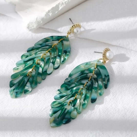 Long Emerald Acrylic Leaf Earrings - Nicki Lynn Jewelry