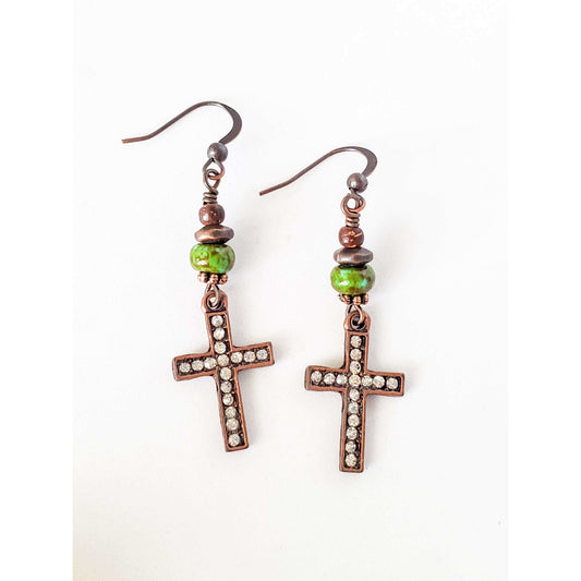 Rhinestone Copper Cross Drop Earrings - Nicki Lynn Jewelry