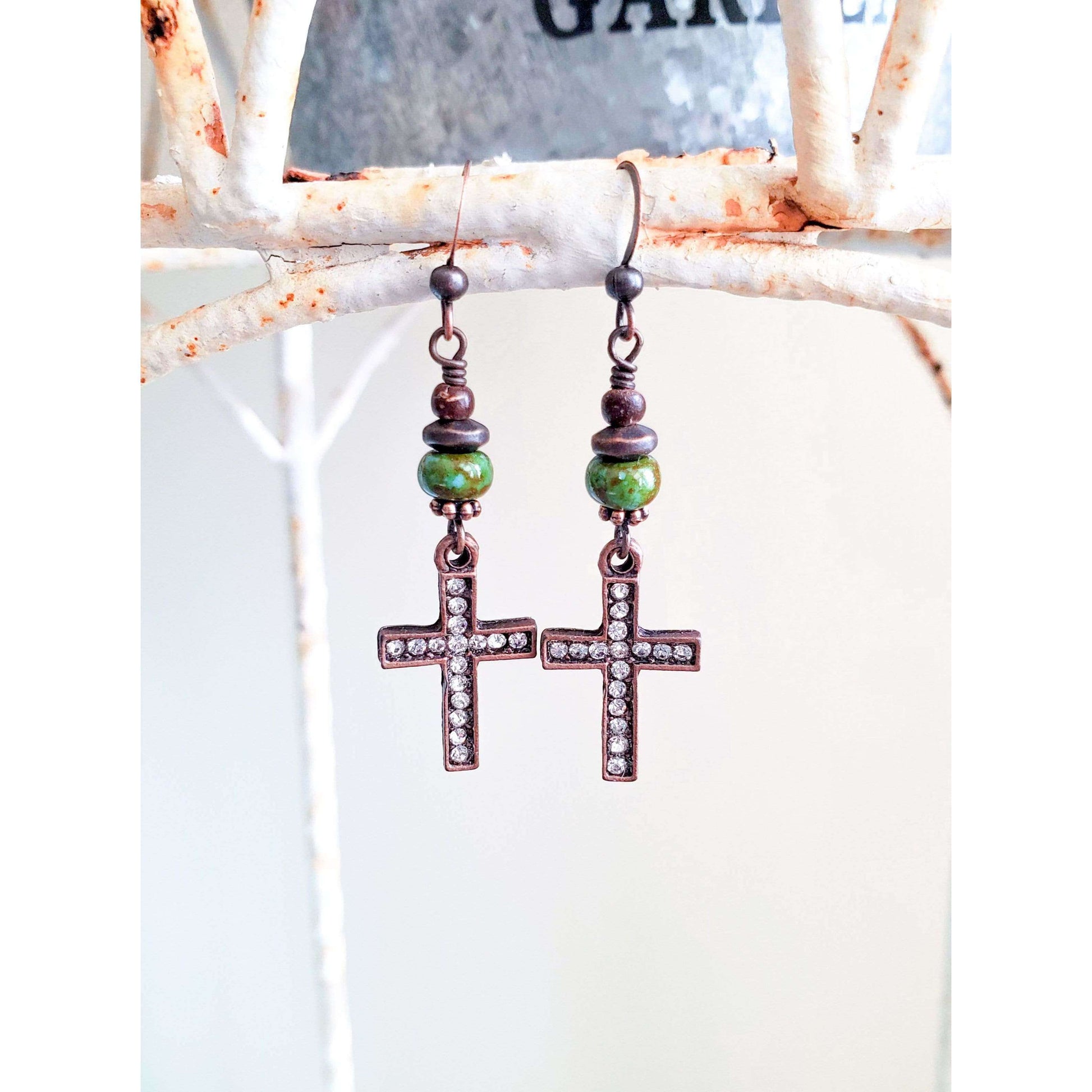 Rhinestone Copper Cross Drop Earrings - Nicki Lynn Jewelry